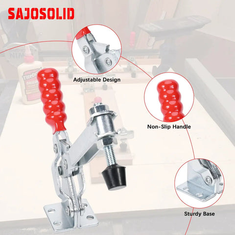 Heavy Duty 2 Pack Vertical Toggle Clamps Lock Down Jobs In Seconds With A Comfort Grip Non Slip Lever And Fast Actuation, adjustable design, non-slip handle detail.