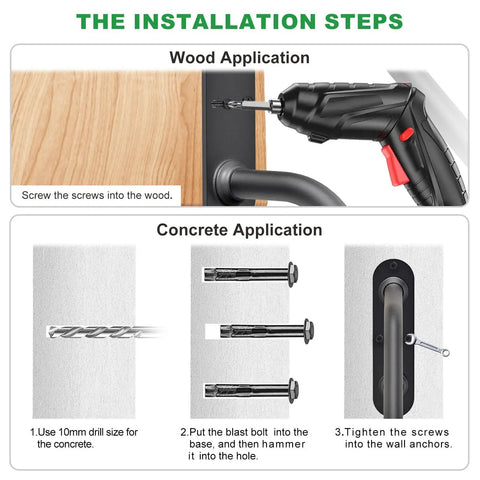 Installation steps for Badass Heavy Duty Wall Mount Handrail For Patio Steps showing wood and concrete applications.