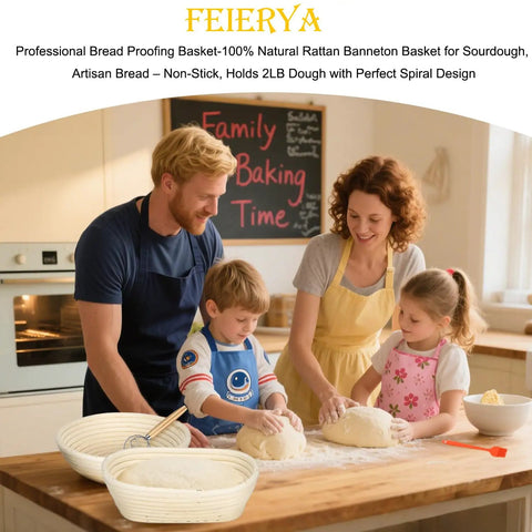 Family baking with Banneton Bread Proofing Basket Set With Liners, 9 Inch Round And 10 Inch Oval Sourdough Kit, natural rattan bowls.