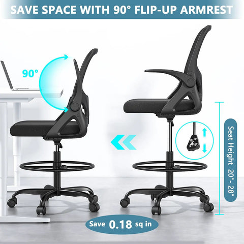 Tall Drafting Chair For Home Office And Art Studio with mesh back, adjustable foot ring, and flip-up armrests, black.