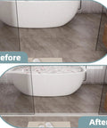 Before and after images showing 39 Inch Shatterproof Snap Together Shower Threshold Water Dam and Sink Splash Guard in action.