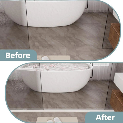 Before and after images showing 39 Inch Shatterproof Snap Together Shower Threshold Water Dam and Sink Splash Guard in action.