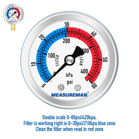 Front view: MeasureMan 2-inch glycerin-filled pool filter gauge, 304 stainless steel case, 0–60 psi/420 kPa.