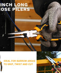 Close-up of 8-inch long nose pliers gripping wire, part of the All In One 6 Piece Pliers Set With 10 Inch Water Pump Pliers 8 Inch Slip Joint Pliers 8 Inch Linesman Pliers 8 Inch Long Nose Pliers 6 Inch Diagonal Pliers And 8 Inch Adjustable Wrench Pro Grade For Home Repair Shop DIY Pros.