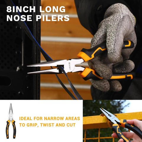 Close-up of 8-inch long nose pliers gripping wire, part of the All In One 6 Piece Pliers Set With 10 Inch Water Pump Pliers 8 Inch Slip Joint Pliers 8 Inch Linesman Pliers 8 Inch Long Nose Pliers 6 Inch Diagonal Pliers And 8 Inch Adjustable Wrench Pro Grade For Home Repair Shop DIY Pros.