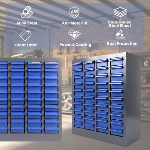 40 Drawer Nut And Bolt Organizer Cabinet With Alloy Steel And ABS Construction, visible in workshop setting.