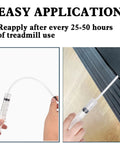 Easy application of Silicone Treadmill Lube 16 Ounce Belt Oil for smooth runs, shown with applicator and treadmill belt.