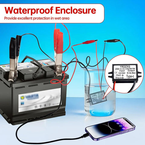 Rugged 12V To 32V 5V 5A Type-C Buck Converter For Cars Trucks And Motorcycles, shown connected to battery and phone in water test