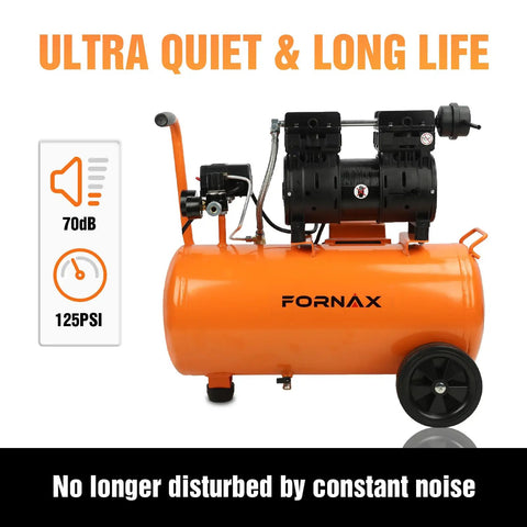 Fornax 8 Gallon Air Compressor With 1HP Oil Free Motor Delivering 2.2 Cfm At Max 125 Psi. Ultra Quiet 70 Db Design Makes This Portable Tank Perfect For Nail Guns, Tire Inflation, And Diy Home Projects While The Lightweight Frame With Wheels Ensures Easy