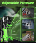 Electric Power Washer 2200 PSI 2.0 GPM with 4 interchangeable nozzles and foam cannon hose reel, showing adjustable pressure settings.