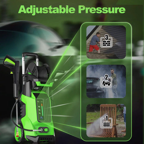 Electric Power Washer 2200 PSI 2.0 GPM with 4 interchangeable nozzles and foam cannon hose reel, showing adjustable pressure settings.