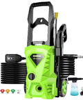Bright green powerful electric pressure washer 2.6 GPM, 1500W high pressure cleaner with 4 nozzles, ideal for car, home, and garden.