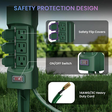 Outdoor Power Stake With Six Outlets, 9 Ft Extension Cord, Dual Sided Weatherproof Power Strip With Flip Covers, ETL Certified