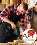 Two men using Self Centering Doweling Jig for Accurate Straight Holes with Adjustable Dowel Drill Guide, item shown in circle.