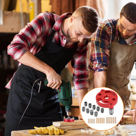 Two men using Self Centering Doweling Jig for Accurate Straight Holes with Adjustable Dowel Drill Guide, item shown in circle.