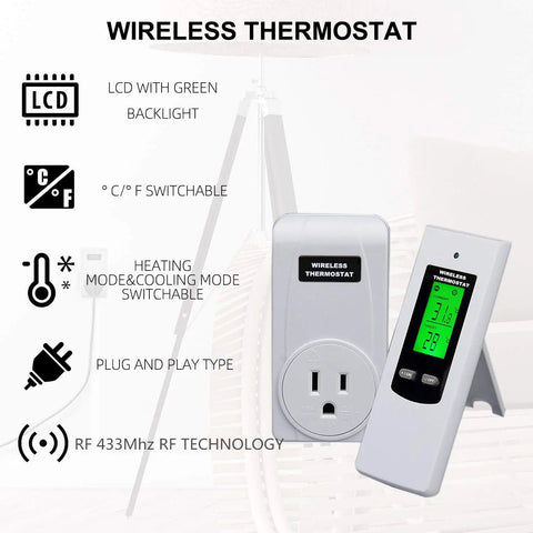Smart Programmable Wireless Plug In Thermostat Outlet With Built In Temperature Sensor And Remote Control Real Time Temperature Detection Hassle Free Setup For Consistent Comfort Energy Saving White on display with plug and LCD screen.