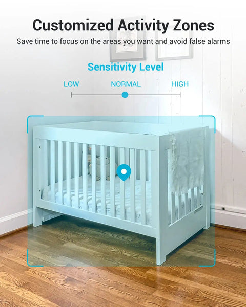 Crib in nursery with sensitivity level settings for 2K Indoor Security Camera System With 360 Degree Coverage, Smart Baby Monitor And Pet Camera For Home Surveillance, Day Night Vision With IR Cut, Auto Motion Tracking, Privacy Mode, Two Pack.