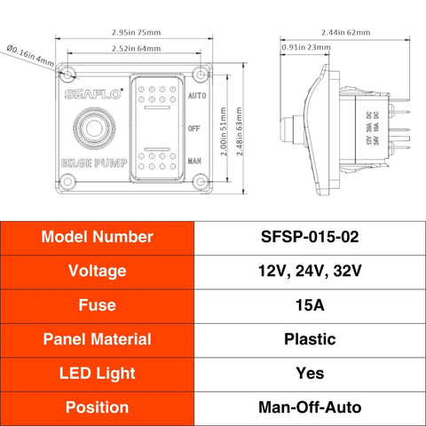 3 Way Bilge Pump Switch Panel For Boats Automatic Off Manual 12V 24V Marine Switch With Built In 15 Amp Circuit Breaker Float Switch Plug And Play Ready Durable Marine Electrical Control Panel, plastic, 75x63mm