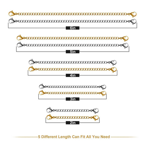 Stainless Steel Necklace Extenders Set In Gold And Silver Finishes, 10 Pieces, Five Length Options From Two Inch To Three Inch With Lobster Clasps