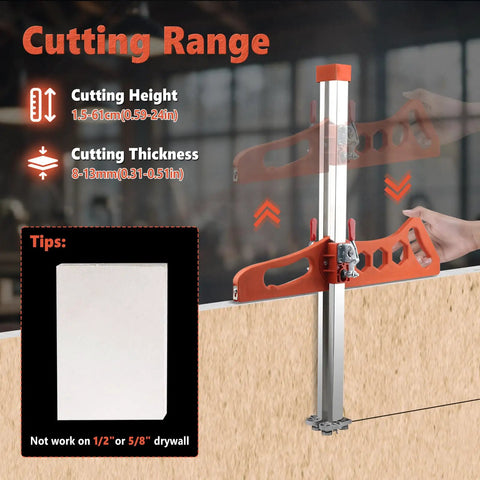 Cutting range display for Pro Level Drywall Cutting Tool, shows adjustable height and thickness for precise cuts.