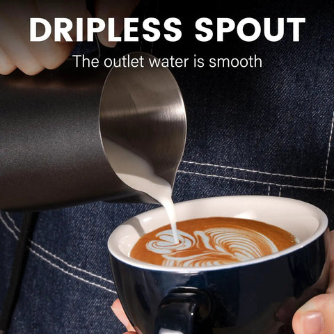 Close-up of 12Oz Stainless Steel Milk Frothing Pitcher With V Shaped Spout And Teflon Coating pouring milk into coffee cup