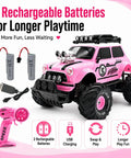 Pink RC Monster Truck For Girls With Two Rechargeable Batteries, 2.4GHz Easy Control, Kid Friendly Remote Car Toy shown with batteries and remote