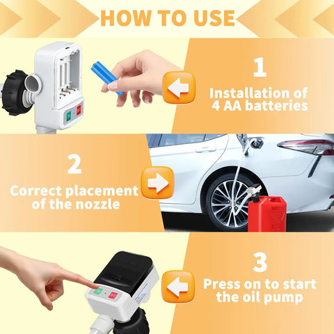 Step-by-step guide for using Portable Battery Powered Fuel Transfer Pump With Siphon Hose And Nozzle, showing installation and operation.