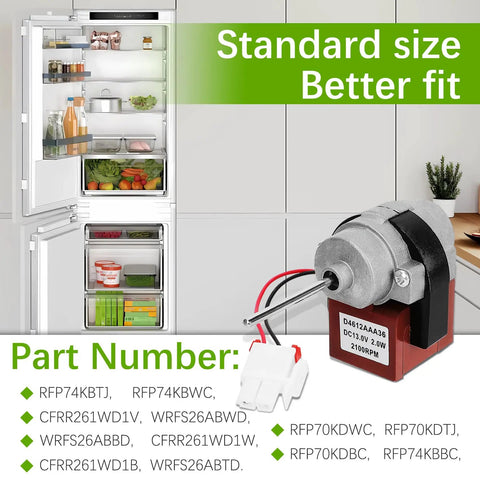 Upgrade 3015924900 Refrigerator Evaporator Fan Motor with model numbers and standard size