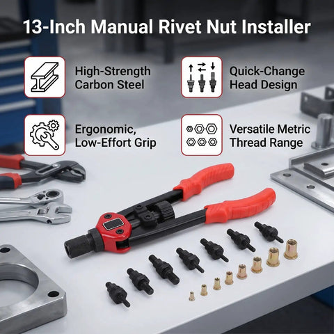 Rivet Nut Tool Set 13 Inch Heavy Duty Carbon Steel Kit with accessories on table, designed for metal, plastic, auto, marine projects.