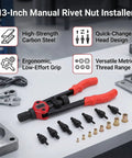 Heavy Duty Rivet Nut Tool Set 13 Inch Carbon Steel Kit with M3 M12 Mandrels on workbench