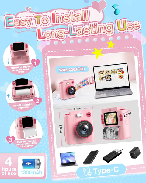 Kids Camera Instant Print 1080P HD Digital Cam For Ages 3 To 12 Boys And Girls, pink camera with 32GB SD card and Type-C charging