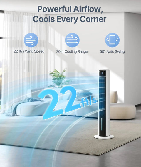 Evaporative Air Cooler Tower Fan For Bedroom, 38 Inch Portable Swamp Cooler with 3L Water Tank in a living room setting
