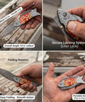 Copper Damascus Fish Style Folding Knife With Ladder Pattern Blade, 3.5 in. blade, resin handle, outdoors.