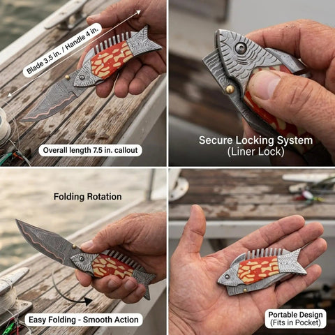 Copper Damascus Fish Style Folding Knife With Ladder Pattern Blade, 3.5 in. blade, resin handle, outdoors.