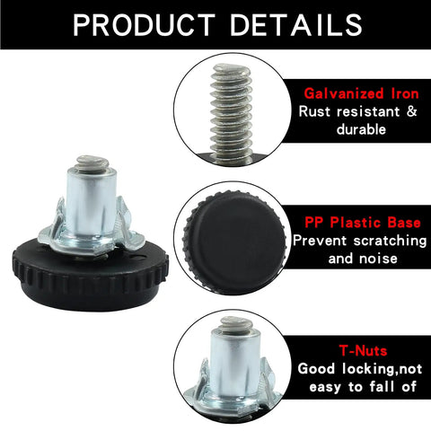 24 Pack Adjustable Furniture Levelers with 1/4-20 Thread Screw In Glides, highlighting galvanised iron, PP plastic base, and T-Nuts