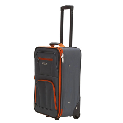 Rockland 2-piece expandable softside upright luggage set, charcoal with orange zippers, front view