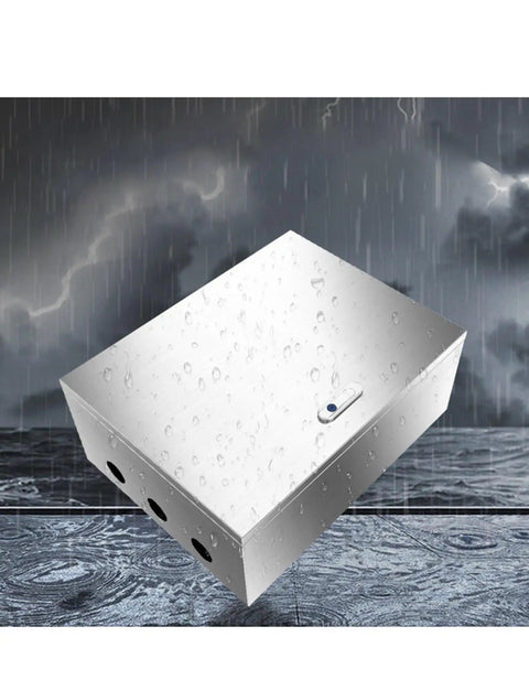 Rugged Stainless Steel Junction Box Enclosure For EV Chargers Telecom CCTV and Control Panels Wall Mounted Indoor Outdoor Project Box 800 By 250 By 600 Mm shown in rainy weather