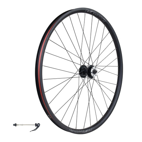 Front view of Versatile Mountain Wheelset For 26, 27.5, And 29 Inch Bikes With 6-Bolt Disc Brakes, shown with QR hub skewer