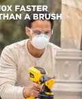 Man using 18V Cordless Paint And Stain Sprayer Delivering Slick HVLP Coatings for quick painting outdoors.