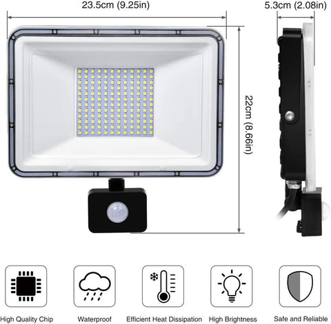 100W Led Floodlights with Motion Sensor, 6000K-6500K Daylight White 80, showing dimensions and design for versatile use.