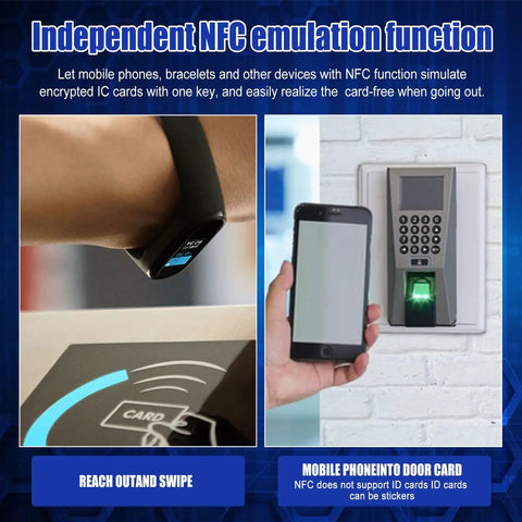 ID Card Duplicator And Copier Dope Kit With Decode Function For Smart Cards And NFC displayed in use with a phone and bracelet