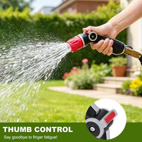 Metal Thumb Control Adjustable Nozzle Delivers 30 Percent More Water Flow With Heavy Duty Garden Hose Nozzle in use