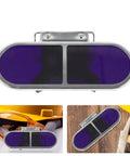 Industrial Grade Welding Goggles Featuring Adjustable Screw Clip Clamp Design To Keep Your Peepers Protected During Heavy Steelworking Grind Tough As Nails Professional Eye Shielding For Dedicated Builders And Trades Pros, top view with purple lenses and metal clip.