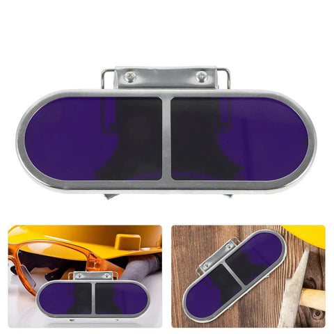 Industrial Grade Welding Goggles Featuring Adjustable Screw Clip Clamp Design To Keep Your Peepers Protected During Heavy Steelworking Grind Tough As Nails Professional Eye Shielding For Dedicated Builders And Trades Pros, top view with purple lenses and metal clip.