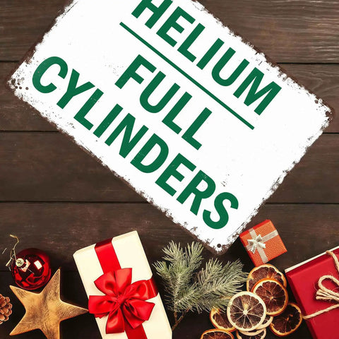 Industrial Vintage Metal Wall Art Sign Featuring Full Helium Cylinders For Rustic Loft Decor Built Tough In Heavy Duty Aluminum Construction Rust Resistant Finish Durable In Humidity And Temperature Fluctuations. 8x12 sign, angled view