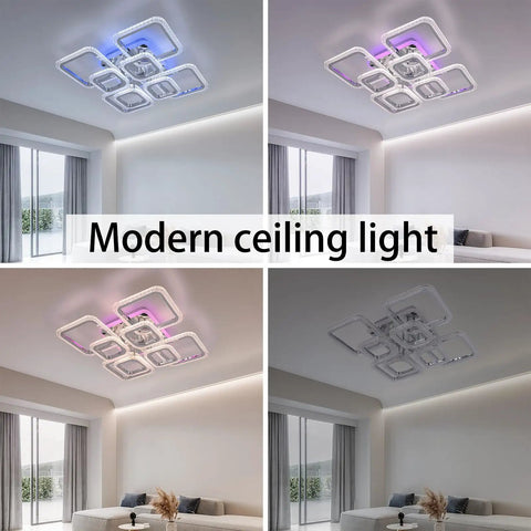 Dope Modern Ceiling Light Fixture with 23.6 Inch LED Panel, five square lamps in living room, tunable brightness, remote control.