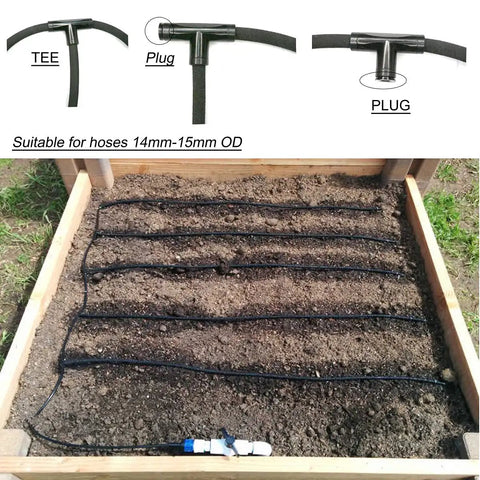 Top Notch 3/8 Inch Soaker Hose Repair Kit Featuring Six Black Tee Connectors And End Plugs Designed To Build Or Fix Garden Watering Systems With Secure Fittings For Irrigation Tubing That Gets The Job Done Right.