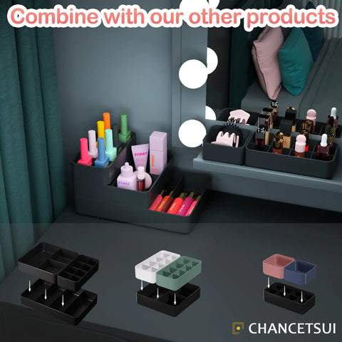 Bathroom Modular Drawer Organizer Set With Stackable 3 Piece Storage Trays for personal care and makeup on vanity.