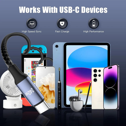 240W USB C To USB C Coiled Braided Car Charger Cable with devices like iPhone 17 16 15, iPad, Galaxy, Pixel shown for compatibility