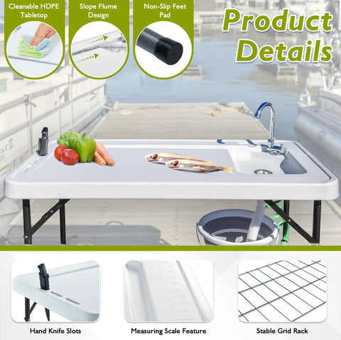 Folding Fish Cleaning Table With Portable Sink, Faucet, Drainage Hose And Sprayer, Camping Fillet Station With Grid Rack And Knife Groove, Great For